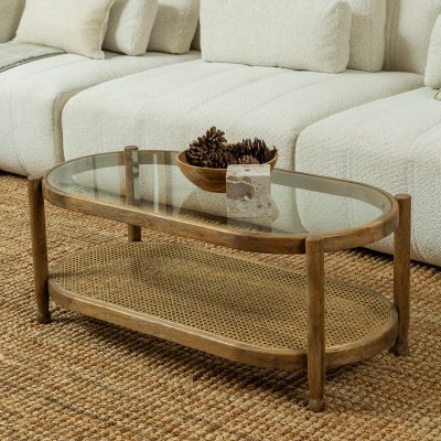 שולחן סלון מעוצב אובאלי ראטן זכוכית עץ מלא מדף תחתון