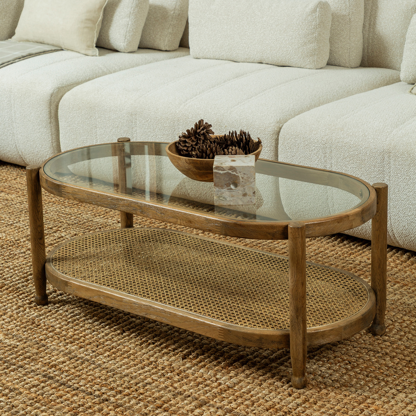 שולחן סלון מעוצב אובאלי ראטן זכוכית עץ מלא מדף תחתון