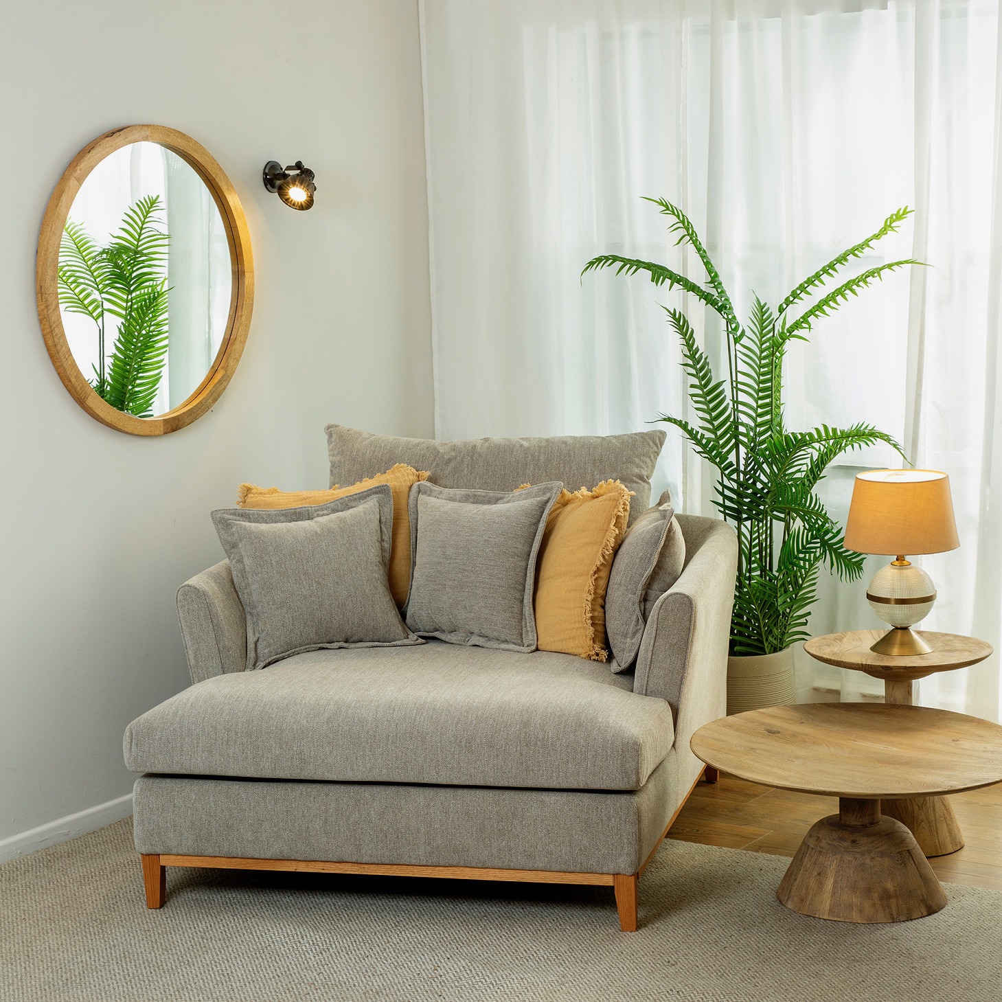 ספה זוגית רחבה עיצוב כפרי צוקל עץ כריות נוי ריפוד בד ארוג