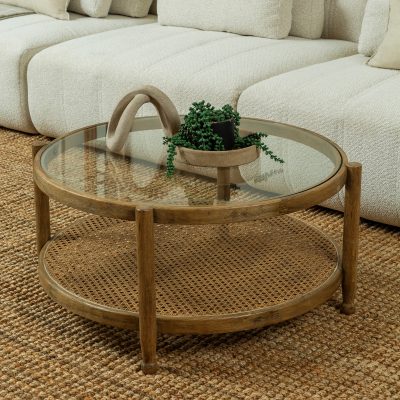 שולחן סלון בעיצוב בוהו שיק ראטן זכוכית עץ מלא