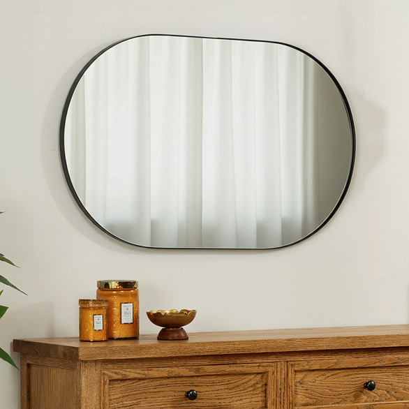 מראת אלומיניום מעוצבת מראת פנים אובאלית מסגרת אלומיניום שחורה
