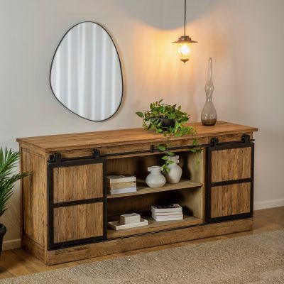 שידת סלון מעוצבת דלתות הזזה מידוף פנימי ומגירות עץ מלא