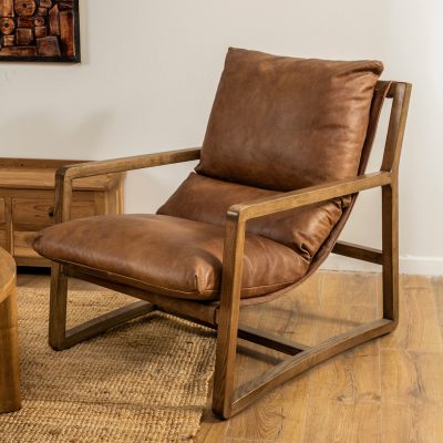 כורסא לבית ולמשרד עור איכותי גוון כהה בסיס עץ מלא