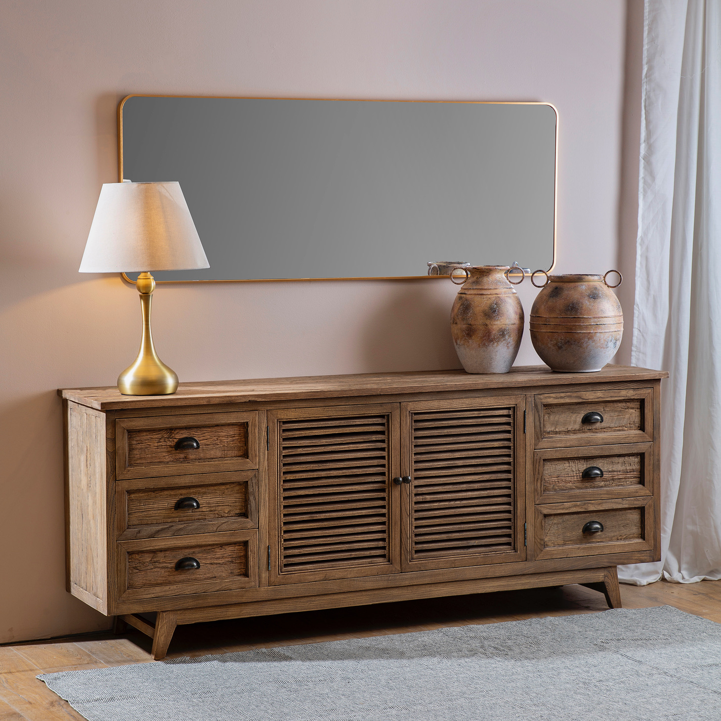 שידה בעיצוב כפרי דלתות תריס מגירות אחסון עץ מלא