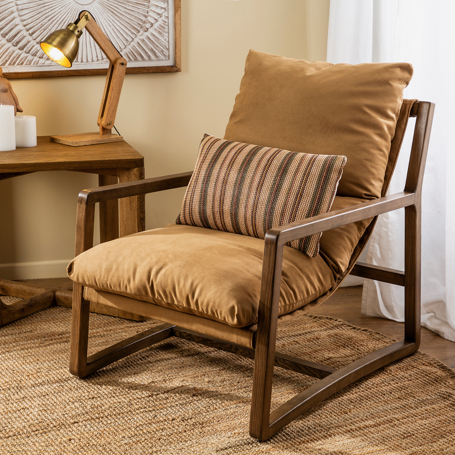 פינת ישיבה כפרית כורסא בסיס עץ מלא כורסא מרופדת