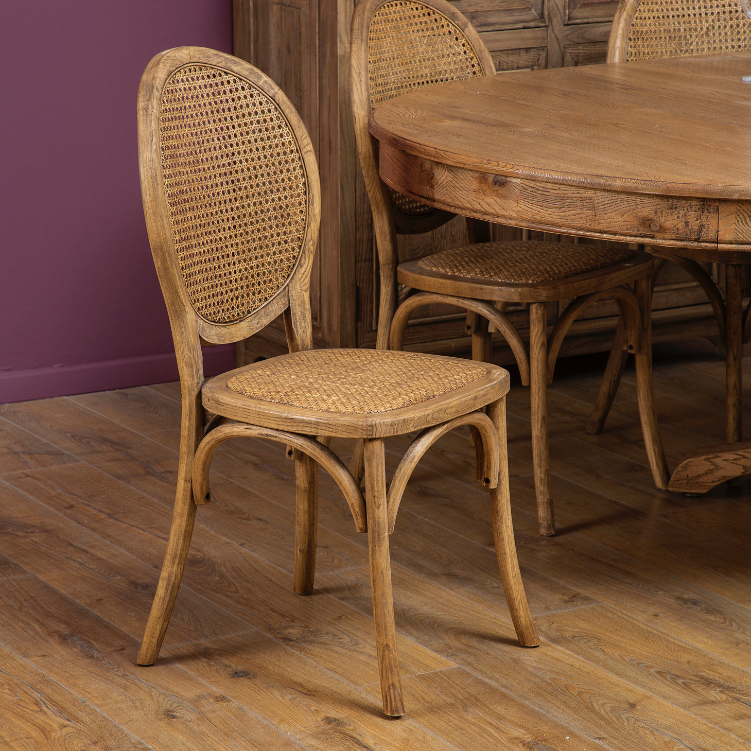 כיסא אוכל עיצוב כפרי גב כיסא ראטן מושב קלוע עץ מלא