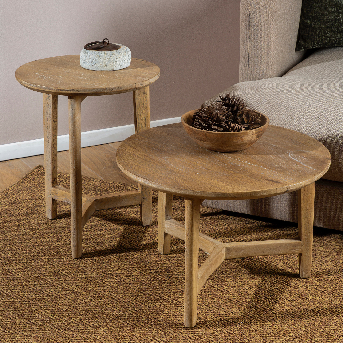 שולחנות צד מעוצבים עץ מלא סט שולחנות עגולים לסלון