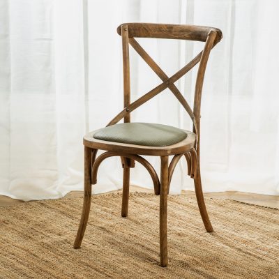 כיסא בעיצוב כפרי עץ מלא מושב מרופד ירוק משענת איקס