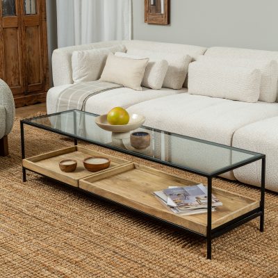 שולחן סלון מלבני עיצוב מודרני מדפים זכוכית עץ מלא