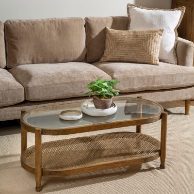 שולחן סלון אובלי זכוכית שקופה עץ מלא מדף תחתון ראטן