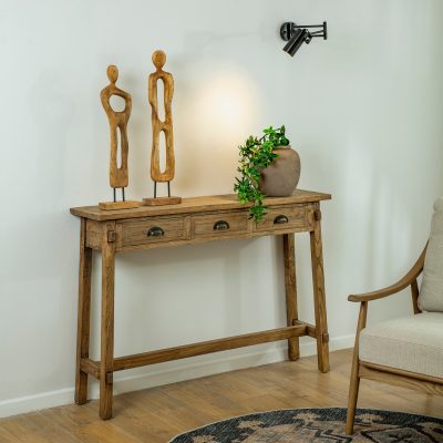 קונסולה בעיצוב כפרי עץ אלון מלא ידיות מתכת מגירות אחסון