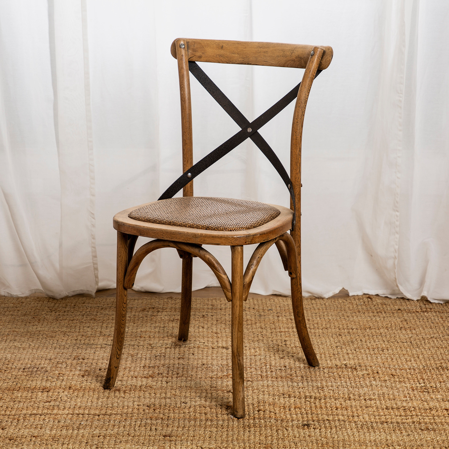 כיסא לפינת האוכל עיצוב כפרי עץ מלא משענת איקס ברזל
