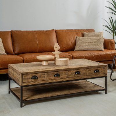 שולחן מלבני עיצוב כפרי עץ אלון מלא עץ טבעי מגירות