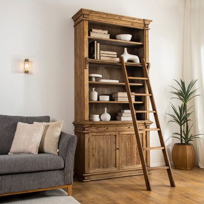 ספריית עץ אלון מלא גוון כהה מדפים ארונות וסולם עיצוב כפרי