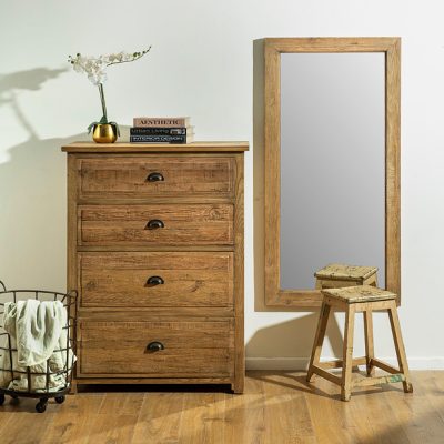 שידת מגירות עץ טיק עיצוב כפרי מראה ושרפרף עץ מלא