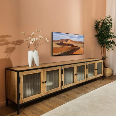 שידת טלוויזיה ארונות אחסון דלתות זכוכית פסים רגלי ברזל