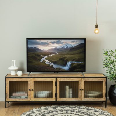 שידת טלוויזיה בעיצוב מודרני כפרי עץ מלא ברזל וזכוכית פסים