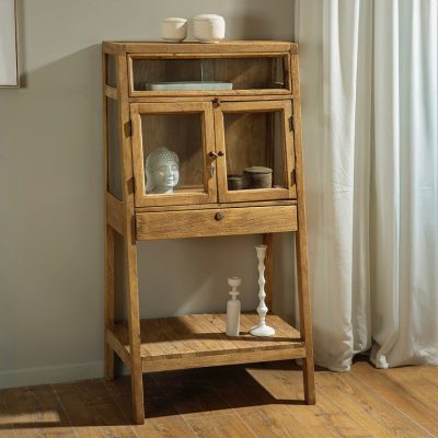 שידה מעוצבת רטרו עץ מלא זכוכית שקופה מדף תחתון