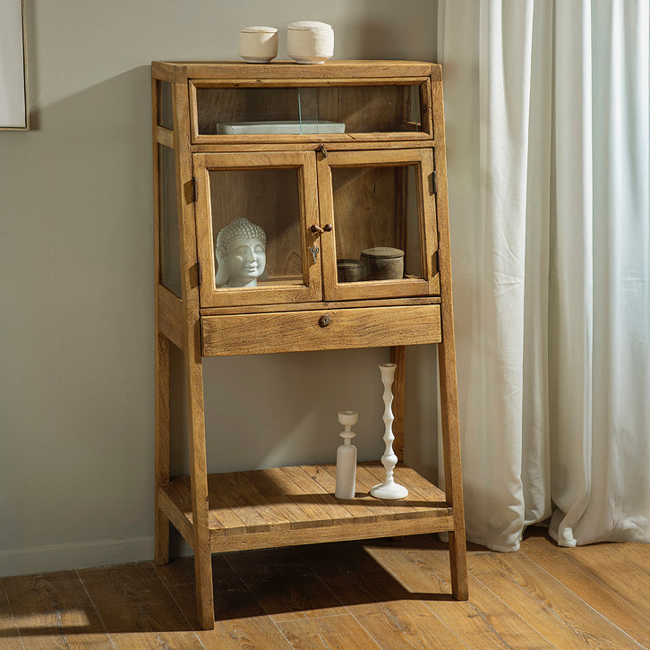 שידה מעוצבת רטרו עץ מלא זכוכית שקופה מדף תחתון