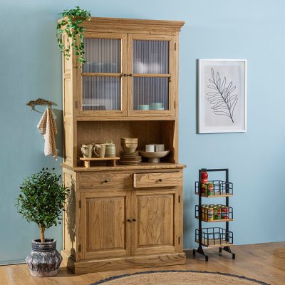 ויטרינה עץ אלון בהיר עם זכוכית ומגירות