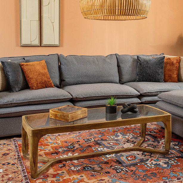 שולחן מלבני סלון כפרי עץ אלון מלא זכוכית חלקה ואקססוריז