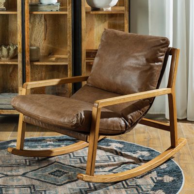 כורסת נדנדה ריפוד עור נעים בסיס עץ אלון מלא שטיח