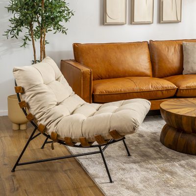 כורסא מעוצבת סגנון מודרני בסיס עץ מלא וברזל בד זמש אבן