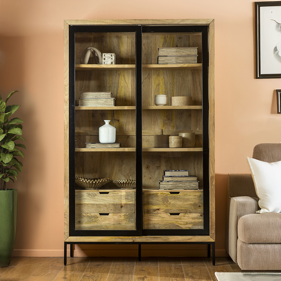 ארון אחסון לסלון עיצוב מודרני עץ מלא ברזל זכוכית שקופה