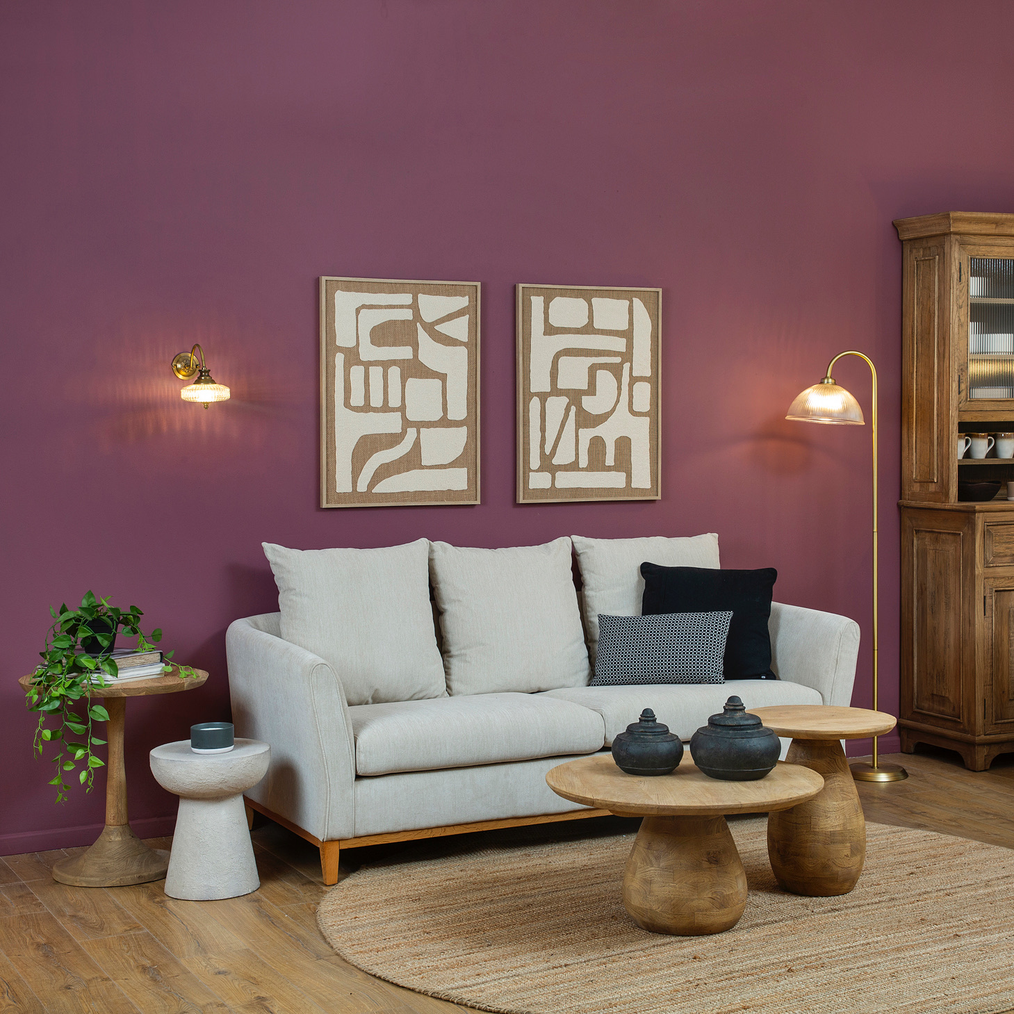 ספה מרווחת עיצוב כפרי מודרני שולחנות סלון עגולים עץ מלא