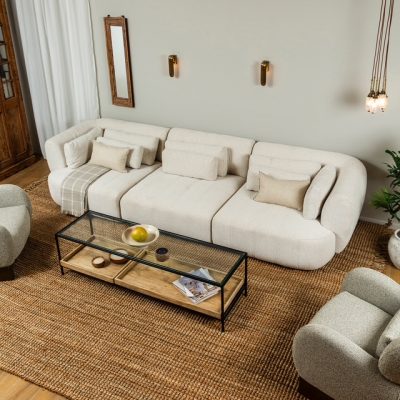 סלון בעיצוב מודרני אלגנטי ספה בהירה שולחן מלבני