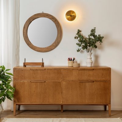 שידה כפרית מעוצבת עץ מלא מראה עגולה עציץ דקורטיבי