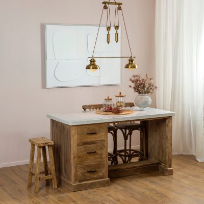 אי כפרי למטבח שיש טבעי עץ מלא בגימור טבעי כיסא בר