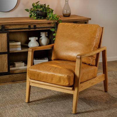 כורסת עור בעיצוב כפרי בסיס עץ אלון מלא ריפוד עור