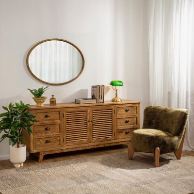 פינת ישיבה בעיצוב כפרי שידת עץ מלא אחסון לסלון