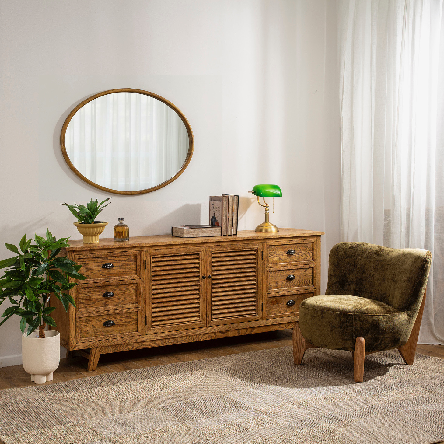 פינת ישיבה בעיצוב כפרי שידת עץ מלא אחסון לסלון