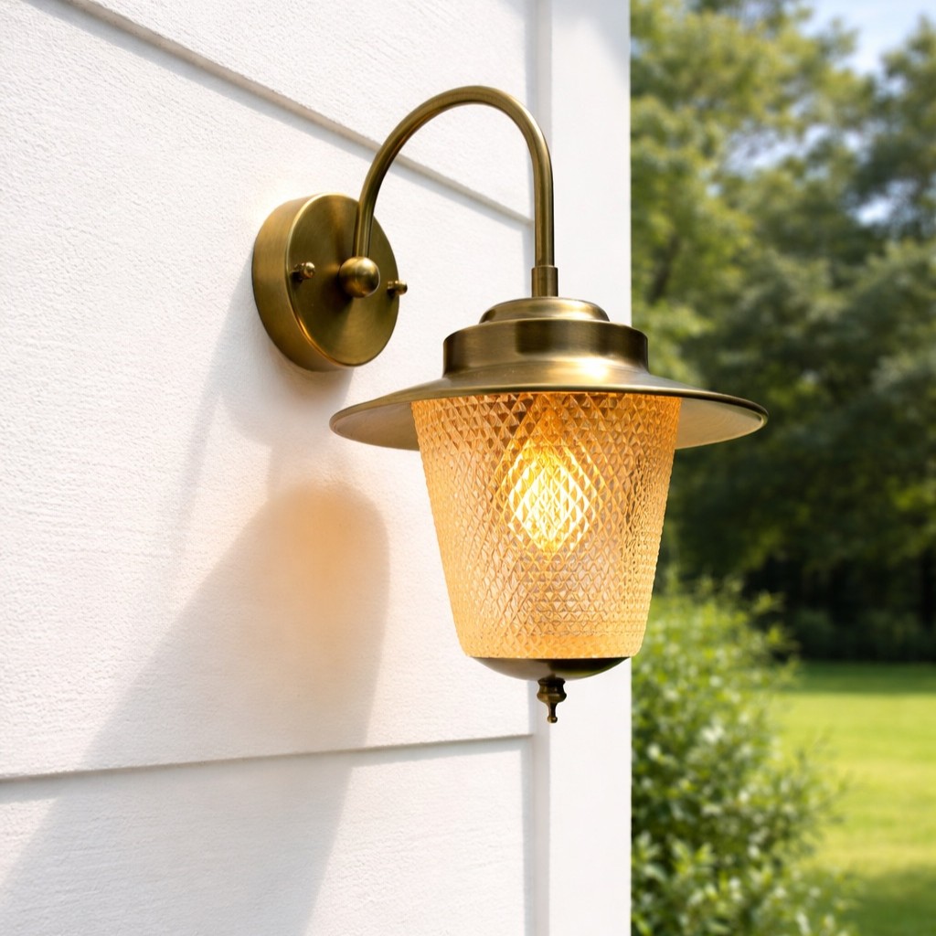 זרוע קיר כפרית תאורת חוץ עמידה למים פליז איכותי זכוכית מקושטת
