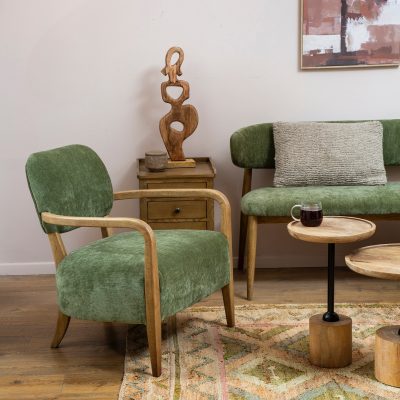 כורסת בד מעוצבת בד סינתטי בסיס עץ מלא ושולחנות עגולים