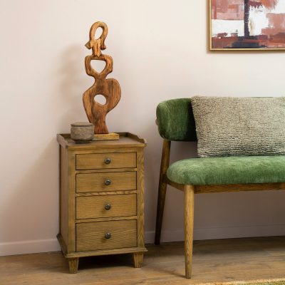 שידת צד בעיצוב כפרי מגירות ומדף עליון עץ מלא פסל עץ