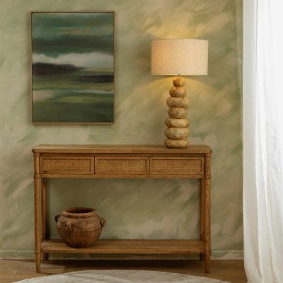 קונסולה מעוצבת עץ מלא מגירות אחסון ראטן עיצוב כפרי