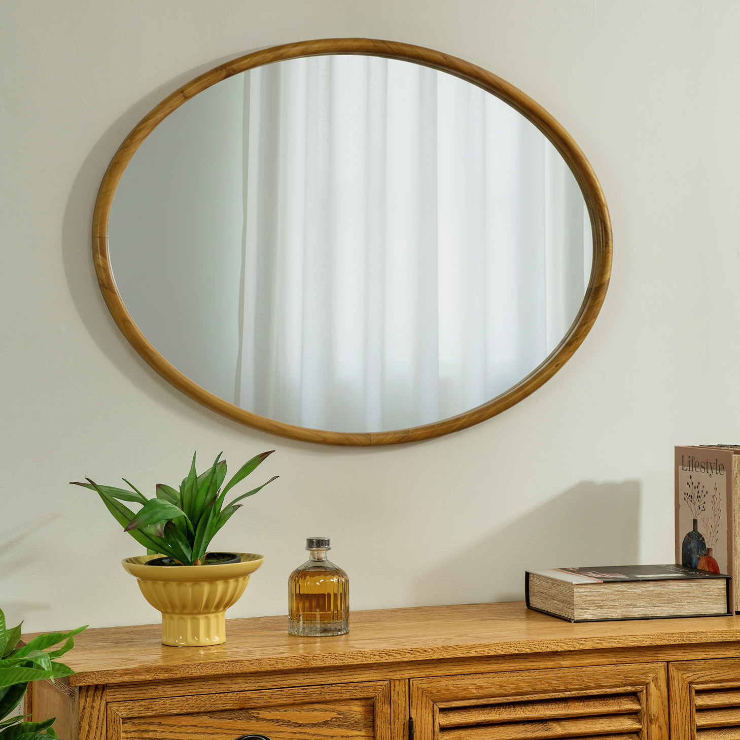 מראת עץ אובאלית עיצוב כפרי עץ מלא שידת אחסון