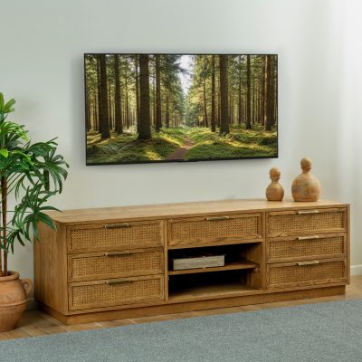 שידת טלוויזיה מעוצבת בוהו שיק מגירות עץ ראטן