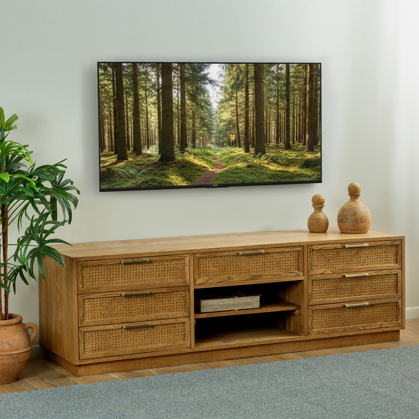 שידת טלוויזיה מעוצבת בוהו שיק מגירות עץ ראטן