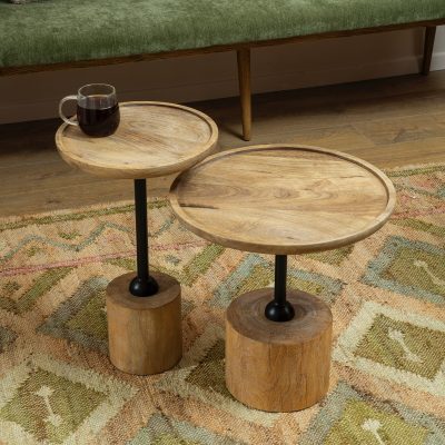 סט שולחנות עגולים עץ טבעי רגל מתכת עיצוב עכשווי