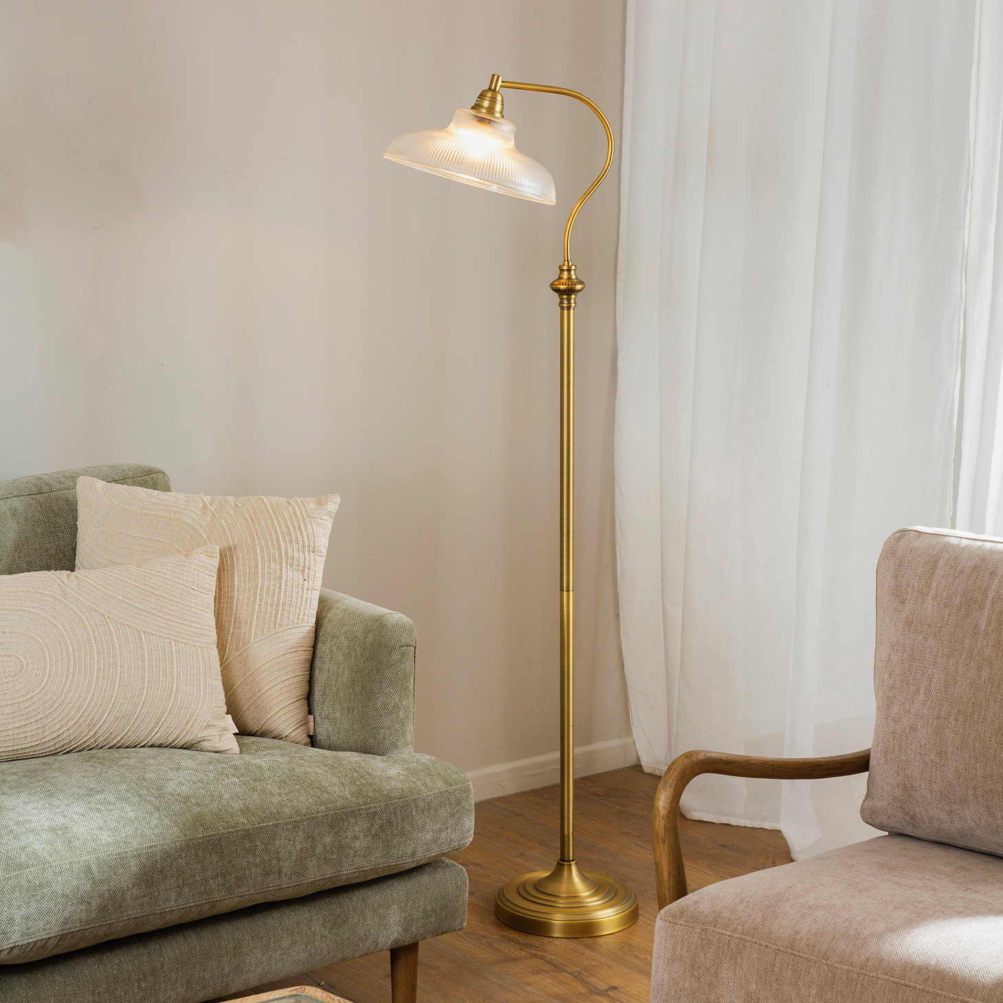 מנורה עומדת רגל פליז יציבה זכוכית שקופה פסים