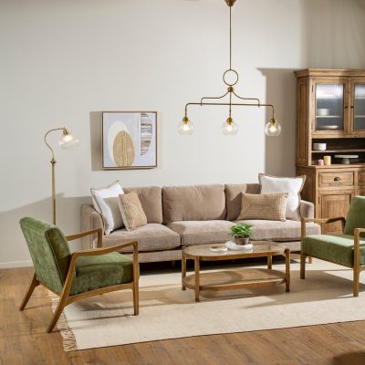 סלון מעוצב כורסא ספה מרופדת בד גופי תאורה