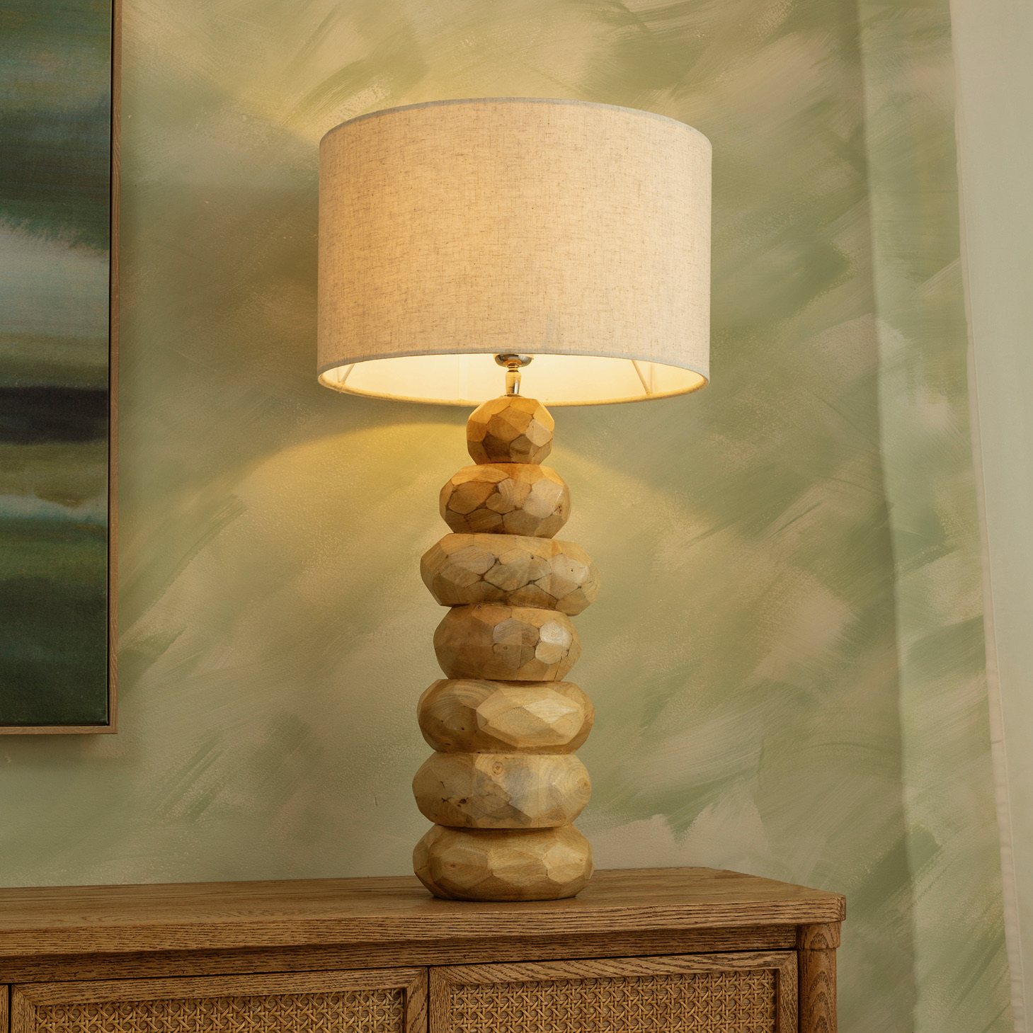 מנורת שולחן עיצוב כפרי אהיל בד עגול תאורה חמה