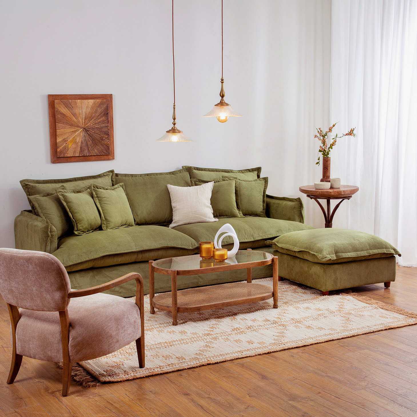 סלון בעיצוב כפרי ספת רביצה בד קורדרוי כורסא שולחן אובלי