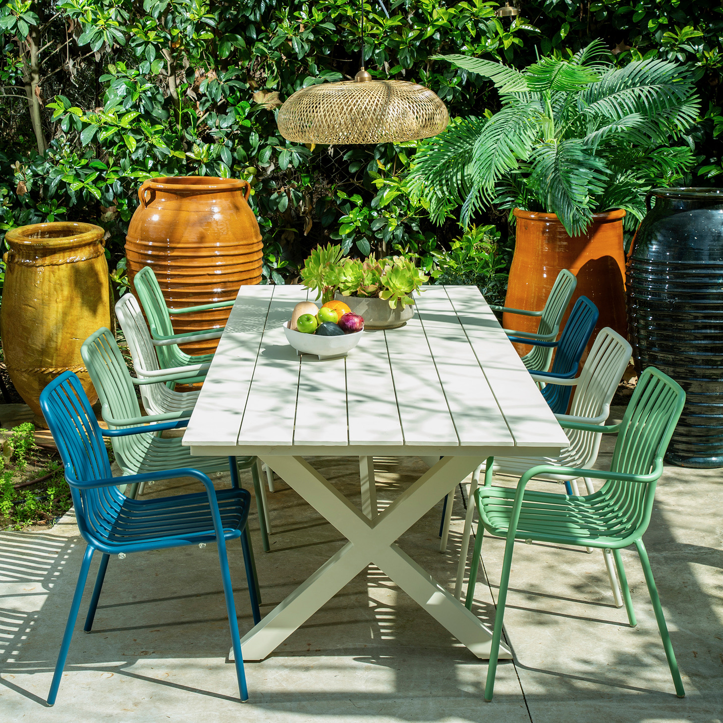 ריהוט גן מעוצב אלומיניום עמיד שולחן מלבני כיסאות עם ידיות