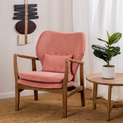 פינת ישיבה מעוצבת כורסא כפרית קורדרוי ורוד עץ מלא