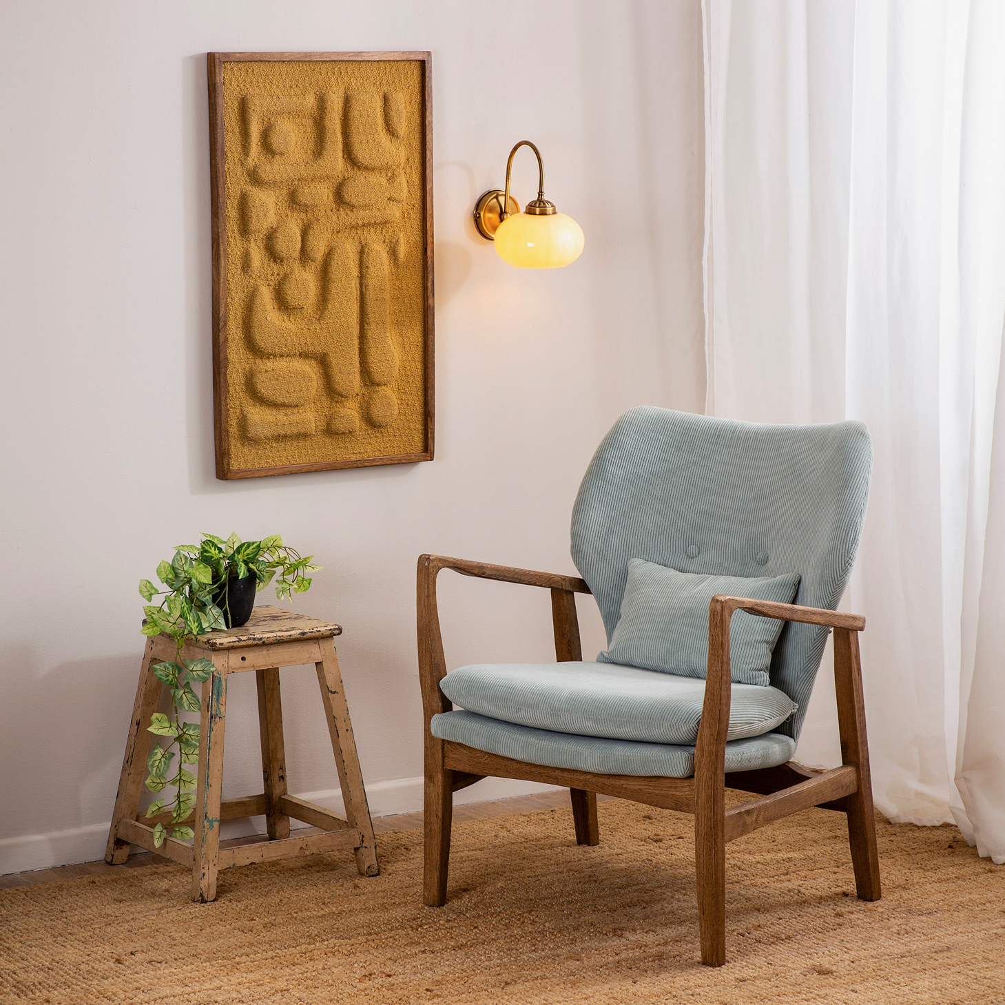 פינת ישיבה מעוצבת כורסת בד עץ מלא ריפוד קורדרוי